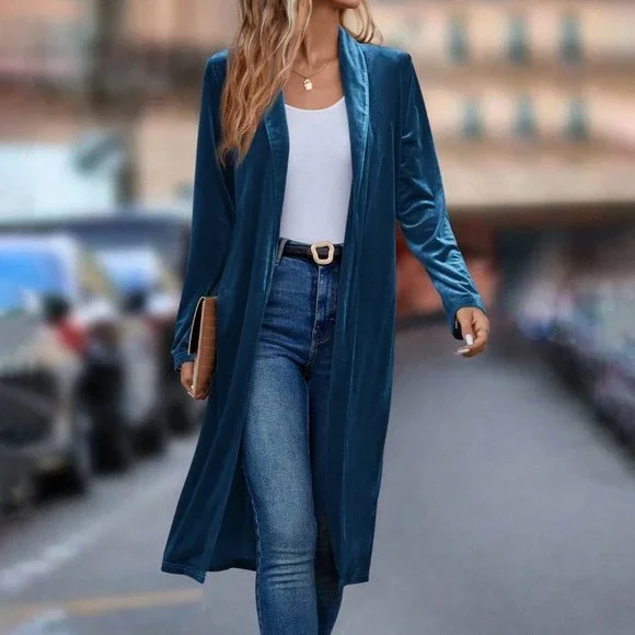 Blue Casual Womens Shawl Collar Open Front Velvet Coat - Picture 5 of 5